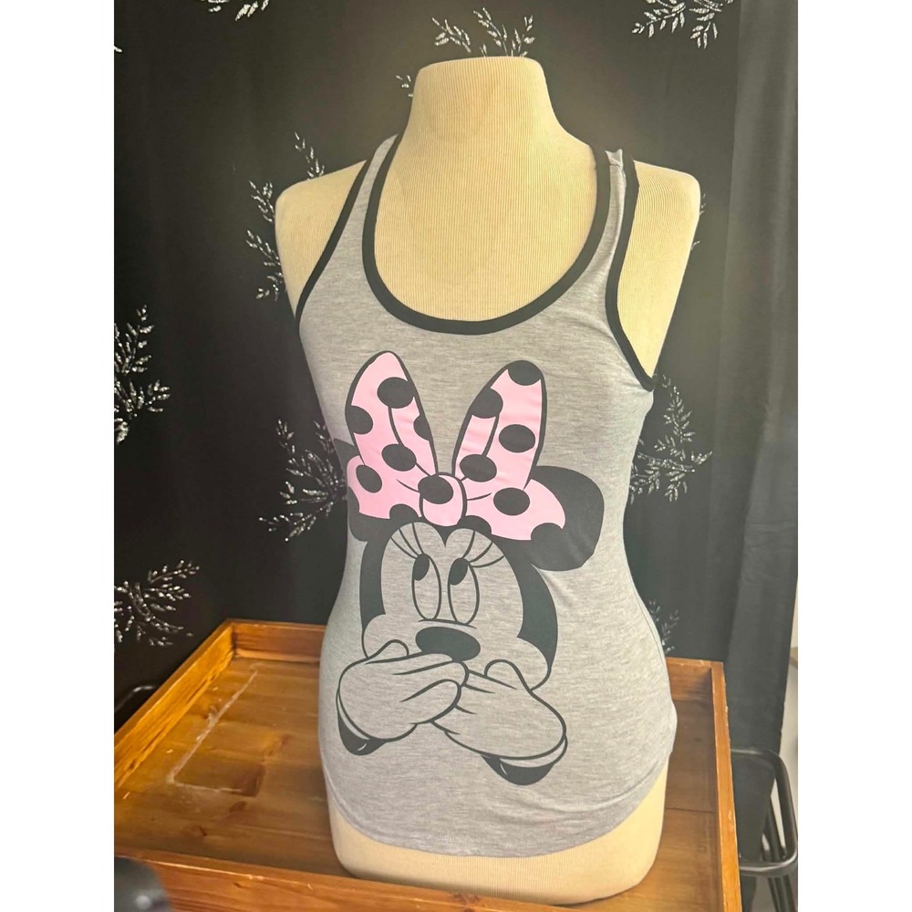 Disney Minnie Mouse Racerback Tank Top Gray Pink Polka Dot Bow XS